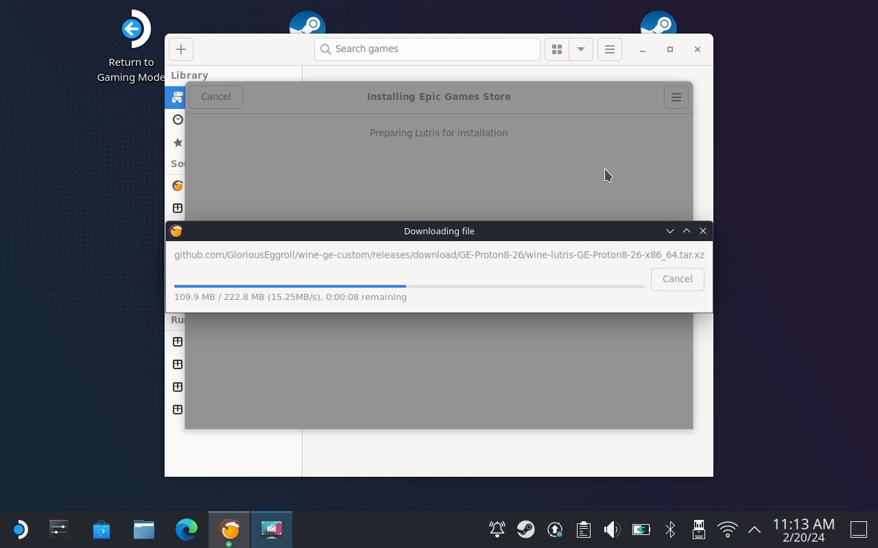 Step 5 of how to install the Epic Games Launcher on Steam with Lutris: Click Continue and let Lutris install the launcher. - 9