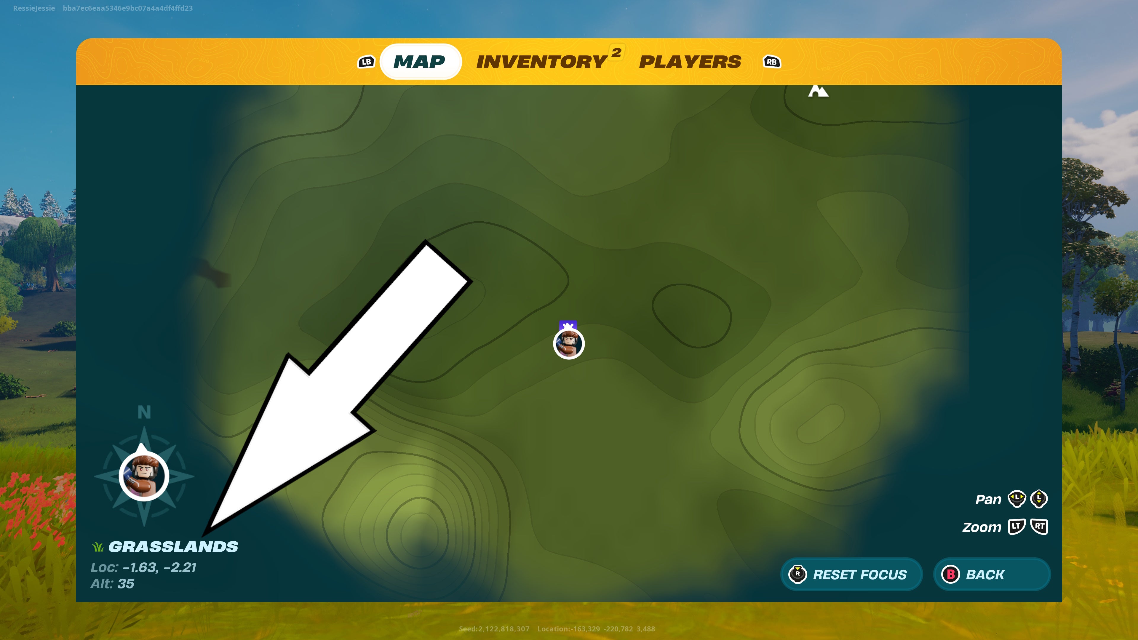the map menu of fortnite lego with a white arrow pointing to the word &lsquo;grasslands&rsquo;