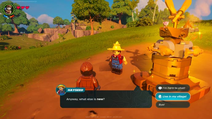 talking to lego hayseed with the option to inivite him to the village selected, while standing next to a golden village square item