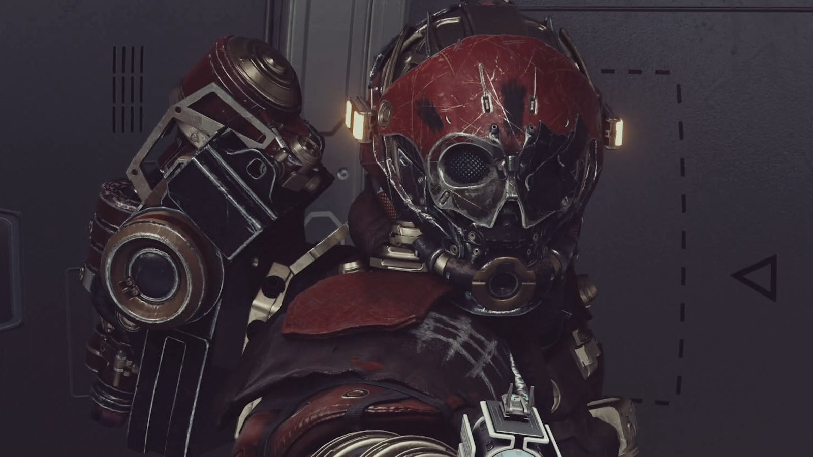 cropped first person view of a crimson fleet pirate pointing gun at player