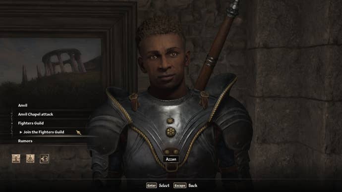 Talking to Azzan in the Anvil Fighter's Guild in Oblivion Remastered.
