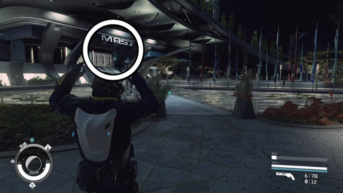 Third person view of character jumping with the mast building circled