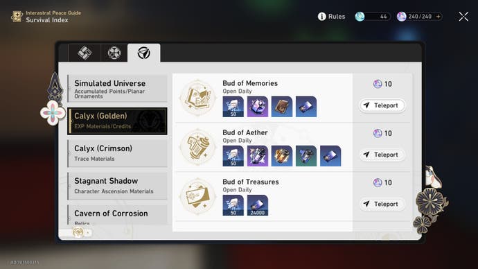 menu image of the golden calyx options and their rewards