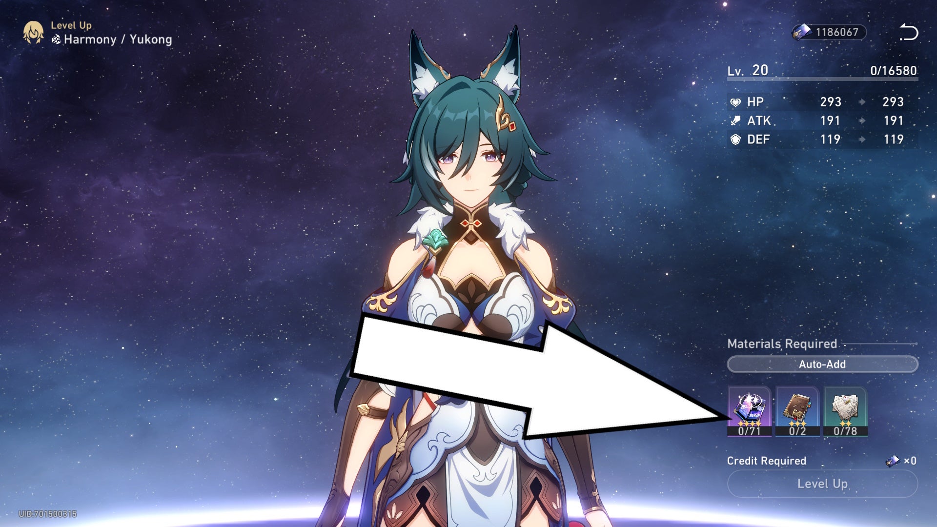 yukong character level up menu with yukong posing in the middle and a white arrow pointing to the level up materials in the bottom right hand corner