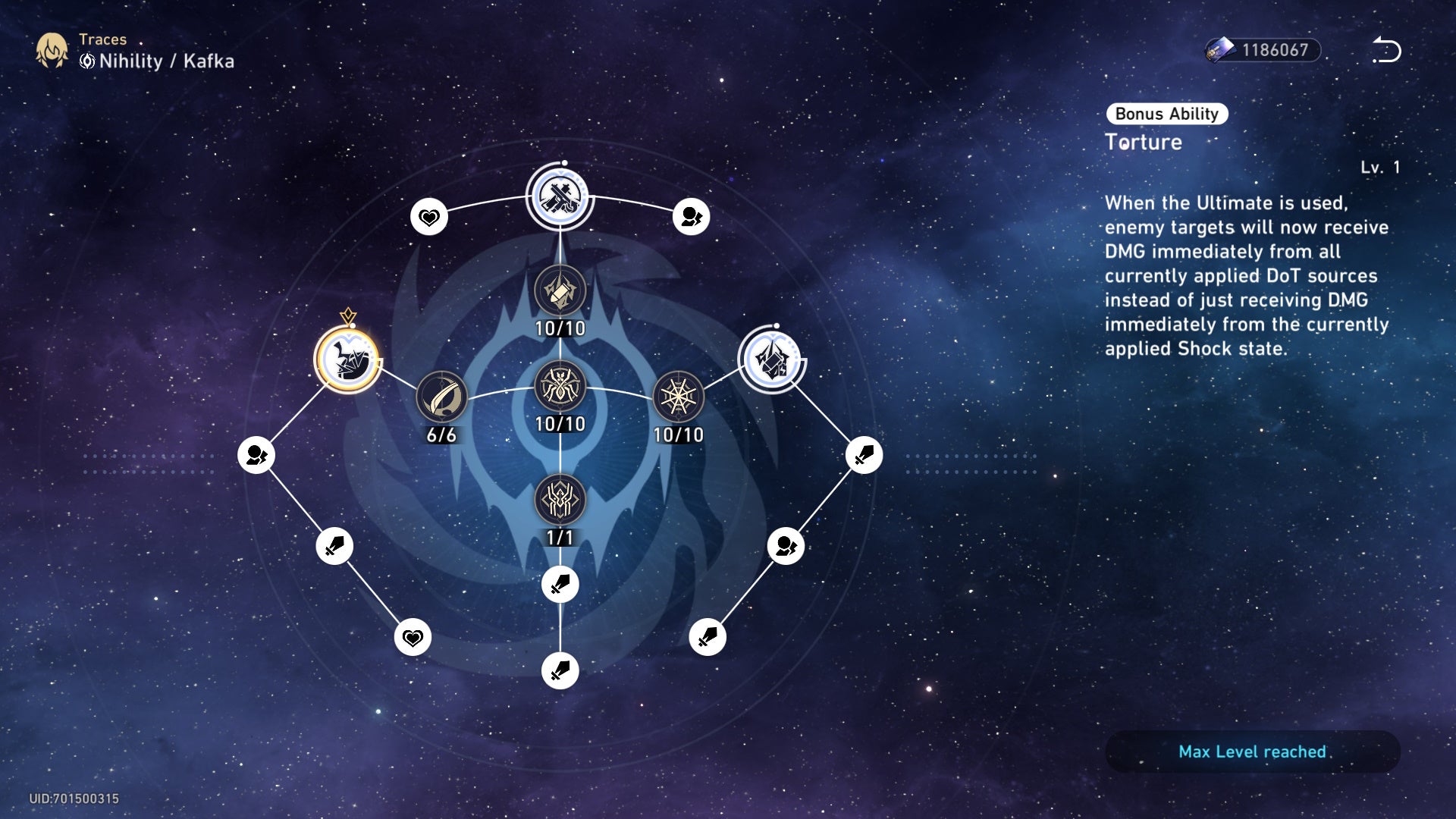 menu of character kafka&rsquo;s traces showing them compleely upgraded and a description of the &lsquo;torture&rsquo; bonus ability displayed to the right