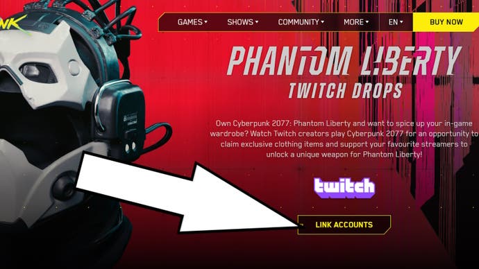 arrow pointing to the twitch link account button on cyberpunks official website