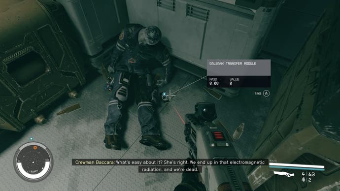 first person view of a transfer module on the floor beside a dead boy propped against the wall