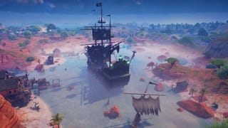 Birds eye view of a pirate ship on the water in Fortnite.