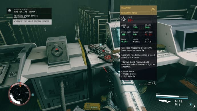 first person view of the legendary revenant rifle beside a computer terminal with its stats displayed ot the right