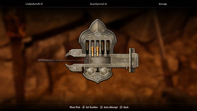 The lockpicking mini-game in Oblivion Remastered.