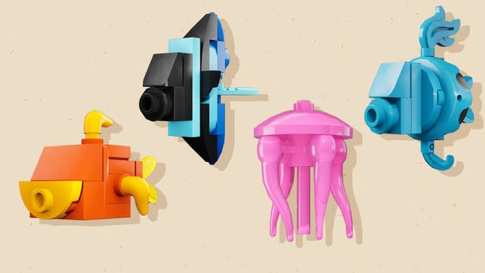 Various Lego fish on a cream background for the Lego Fortnite mode.