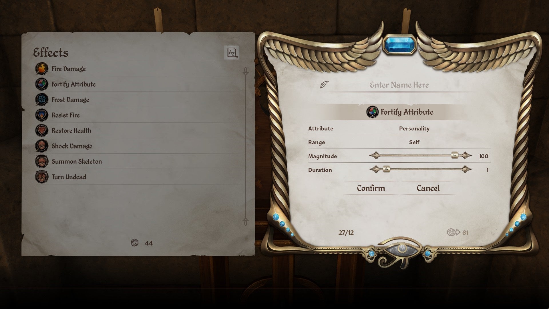 Menu at an Altar of Spellcrafting in Oblivion Remastered.
