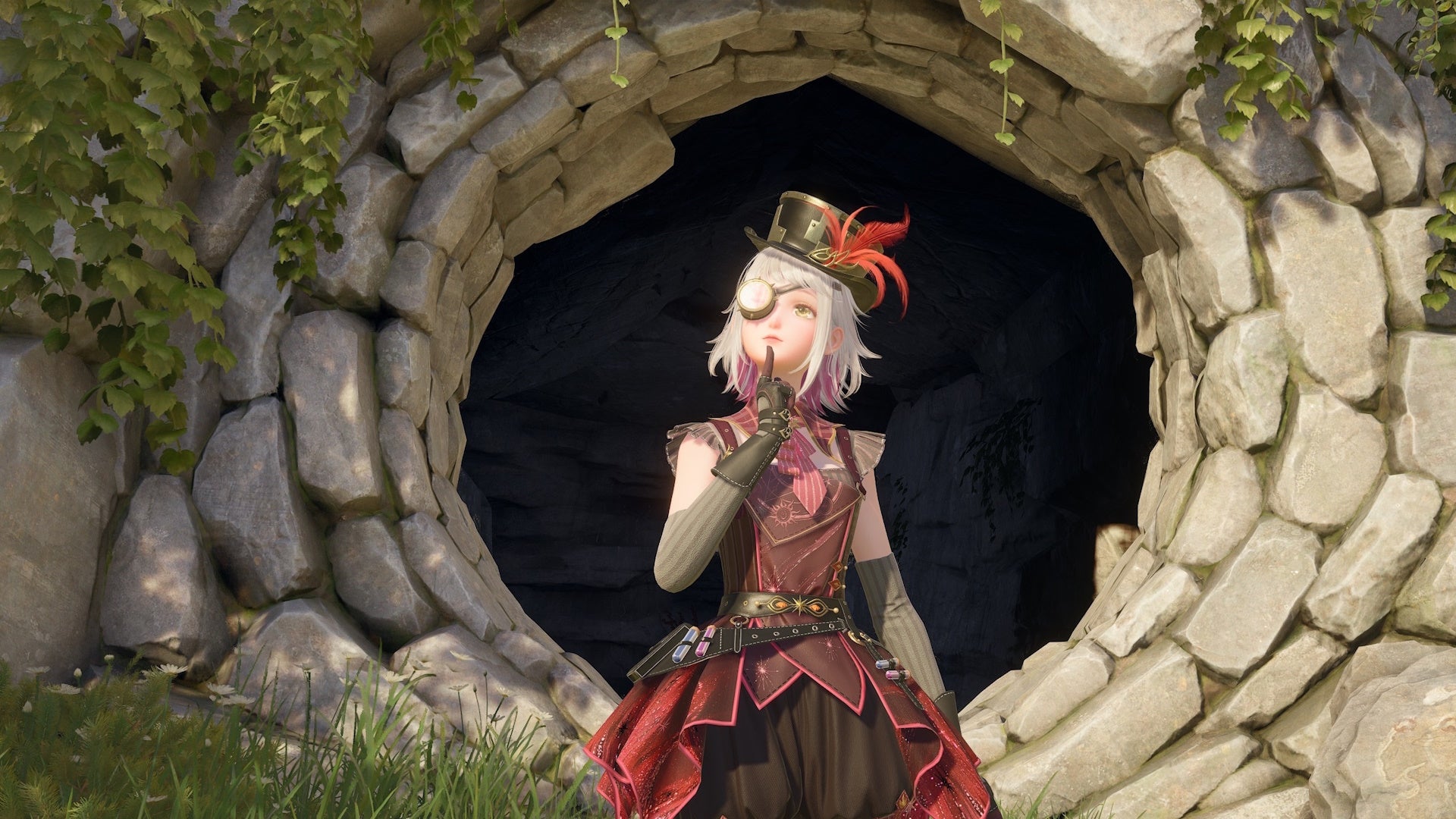 Nikki in the Fiery Glow outfit posing with her finger on her chin in front of the open door to Gloomy Cavern in Infinity Nikki.