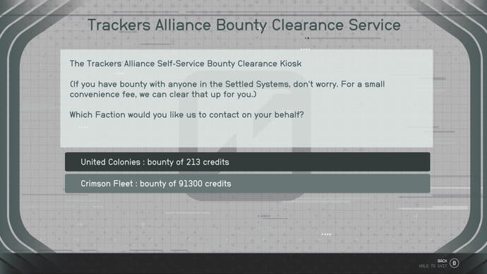 menu of choosing bounty clearance options at a clearance terminal