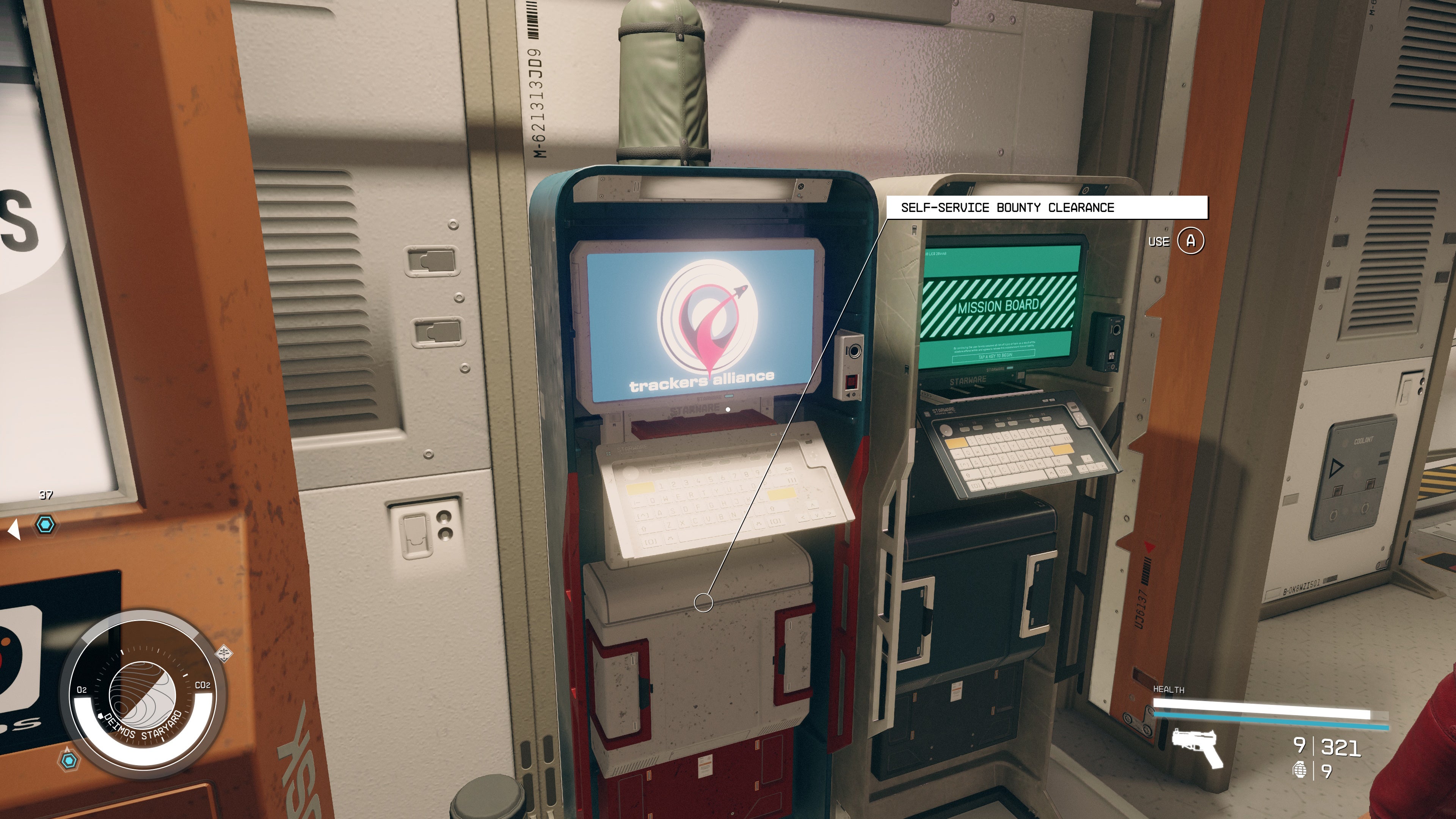 first person view of a bounty clearance terminal next to a mission board