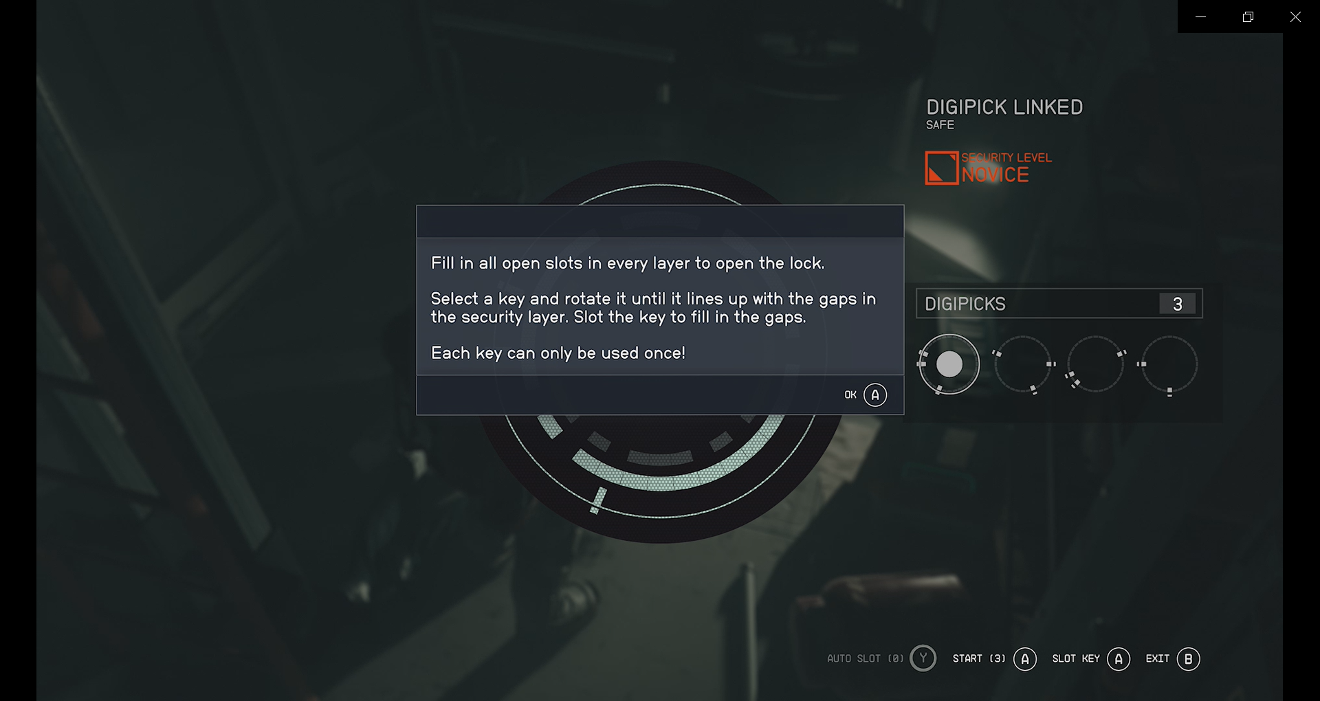 Text box warning the reads &ldquo;Fill in all open slots in every layer to open the lock. Select a key and rotate it until it lines up with the gaps in the security later. Slot the key to fill in the gaps. Each key can only be used once!"