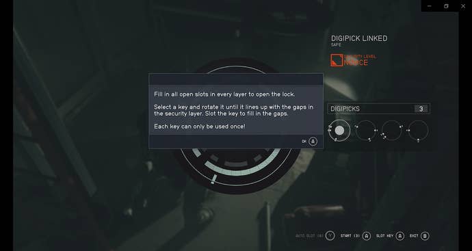 Text box warning the reads “Fill in all open slots in every layer to open the lock. Select a key and rotate it until it lines up with the gaps in the security later. Slot the key to fill in the gaps. Each key can only be used once!"