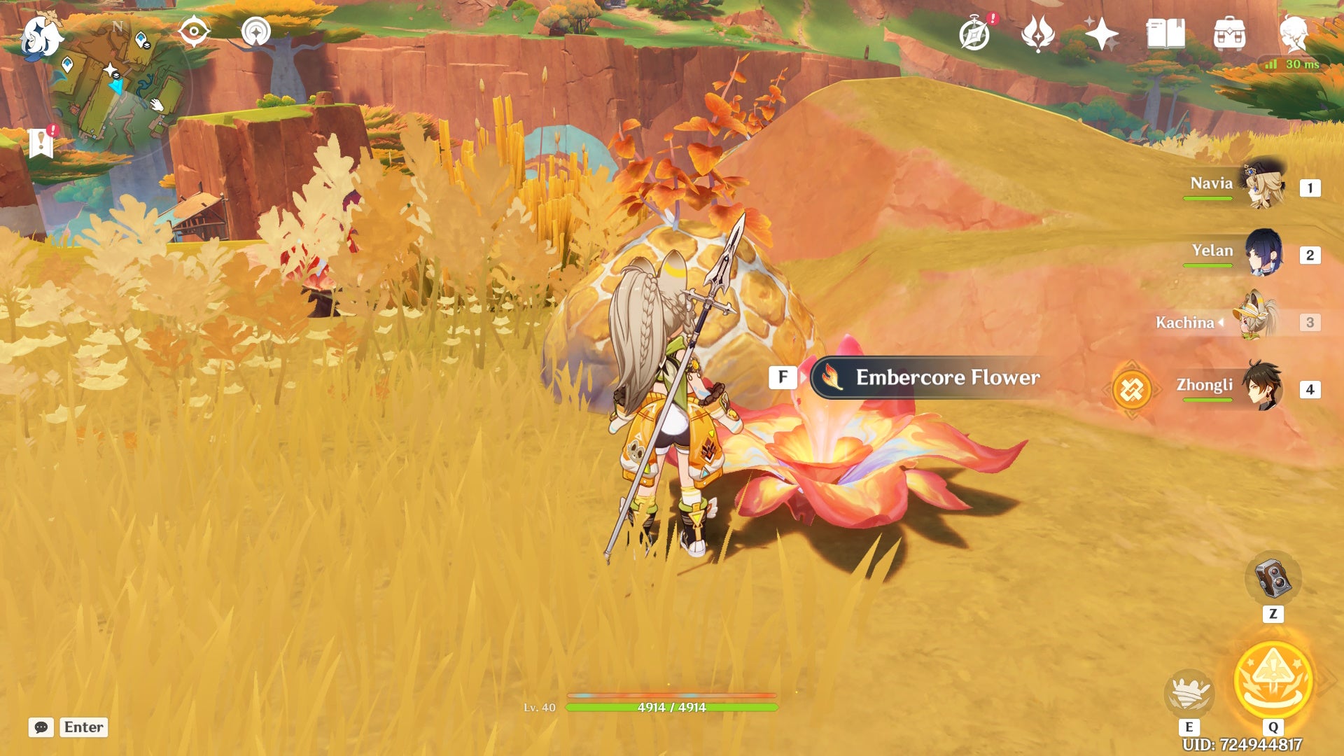 Kachina looking at a bloomed Embercore Flower in Genshin Impact.