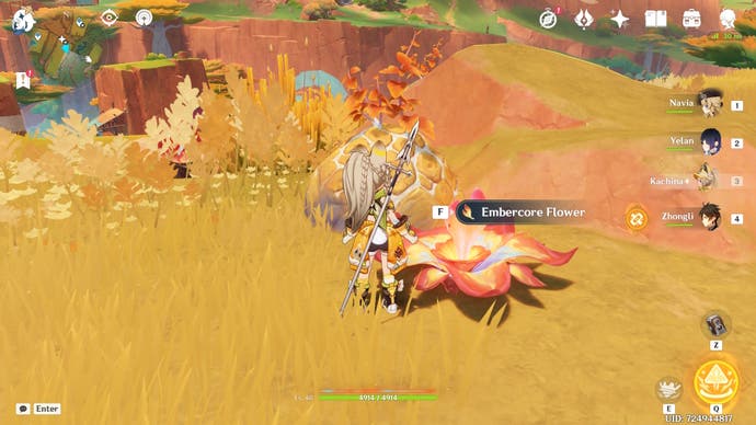 Kachina looking at a blooming Embercore flower in Genshin Impact.