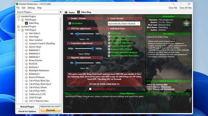 Step 2 of how to enable Elden Ring ultrawide support: Install Flawless Widescreen's Elden Ring plugin, open it, and check the Fix Enabled, Aspect Fix, Resolution Fix (Windowed), FOV Adjustment, Frametime Adjustment, and Increase animation distance boxes. Also, slide the Frametime adjustment slider to 360fps, and set the FOV Fine adjustment slider to around +5%.