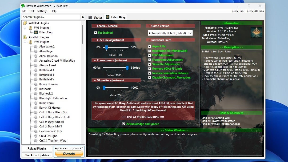 Step 3 of how to enable Elden Ring ultrawide support: Check the Acknowledge and Ignore box in Flawless Widescreen. - 5