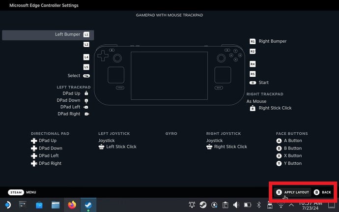 Paso 10 de cómo jugar juegos de Game Pass en Steam Deck: seleccione la opción Gamepad con mouse trackpad, aplique los cambios y luego cierre la configuración.