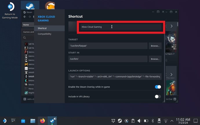 Paso 11 de cómo jugar juegos de Game Pass en Steam Deck: opcionalmente, ingrese al menú Propiedades de Microsoft Edge en Steam y cambie su nombre a Xbox Cloud Gaming.