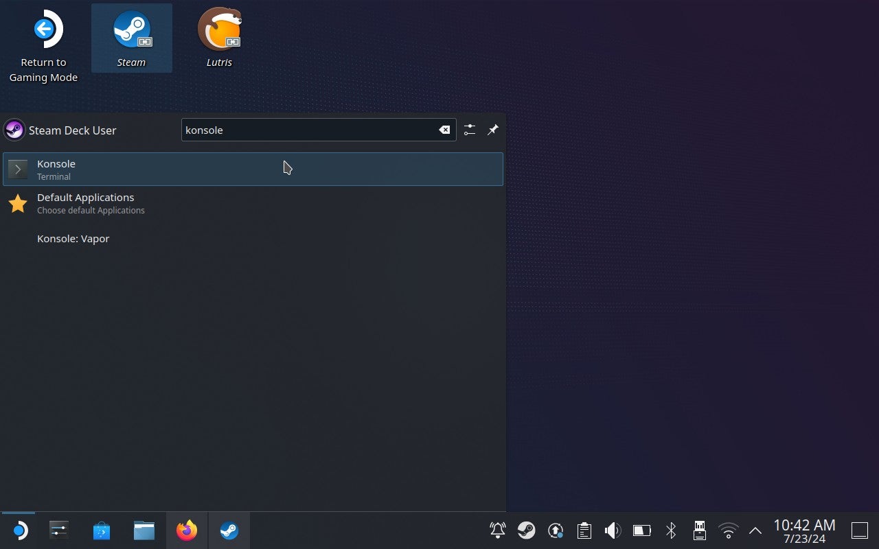 Step 5 of how to play Game Pass games on the Steam Deck: Click the Steam Deck icon in the taskbar, then search for an open the Konsole app. - 8