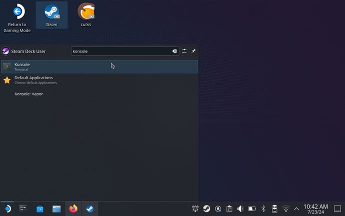 Paso 5 sobre cómo jugar juegos de Game Pass en Steam Deck: haga clic en el ícono de Steam Deck en la barra de tareas, luego busque y abra la aplicación Konsole.