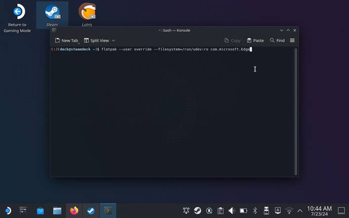Step 6 of how to play Game Pass games on the Steam Deck: In Konsole, type or paste flatpak –user override –filesystem=/run/udev:ro com.microsoft.Edge, press Enter, then exit Konsole.