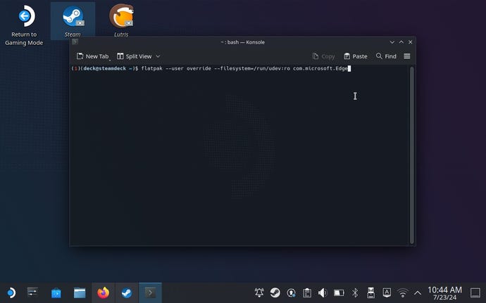 Paso 6 sobre cómo jugar juegos de Game Pass en Steam Deck: En Konsole, escriba o pegue flatpak --user override --filesystem=/run/udev:ro com.microsoft.Edge, presione Entrar y luego salga de Konsole.