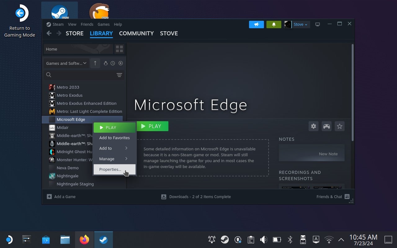 Step 7 of how to play Game Pass games on the Steam Deck: Open Steam, right click on Microsoft Edge in the game library and select Properties. - 10