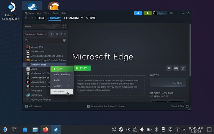 Paso 7 sobre cómo jugar juegos de Game Pass en Steam Deck: abra Steam, haga clic derecho en Microsoft Edge en la biblioteca de juegos y seleccione Propiedades.