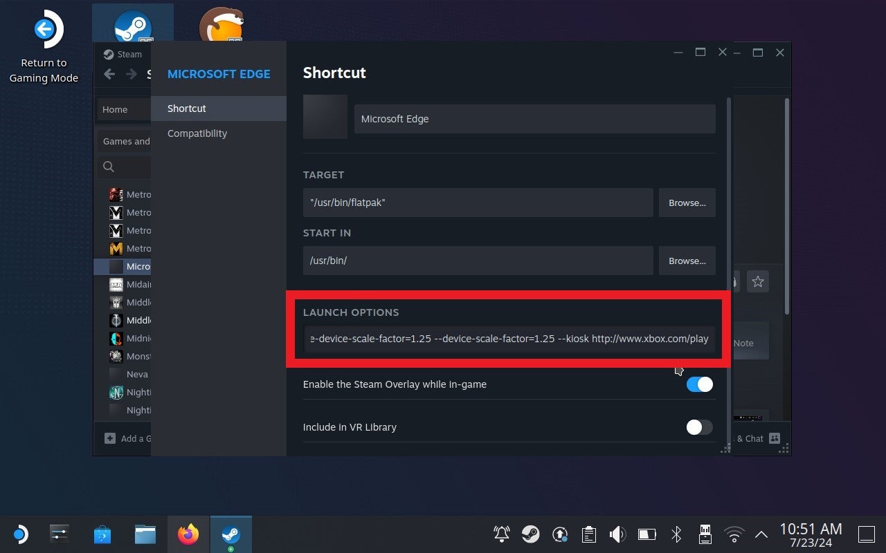 Step 8 of how to play Game Pass games on the Steam Deck: At the end of the text already inside the Launch Options field, add a space, then --window-size=1024,640 --force-device-scale-factor=1.25 --device-scale-factor=1.25 --kiosk https://www.xbox.com/play. Close the Properties window after. - 11