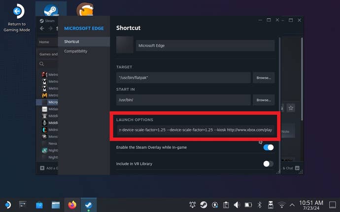 Step 8 of how to play Game Pass games on the Steam Deck: At the end of the text already inside the Launch Options field, add a space, then –window-size=1024,640 –force-device-scale-factor=1.25 –device-scale-factor=1.25 –kiosk https://www.xbox.com/play. Close the Properties window after.