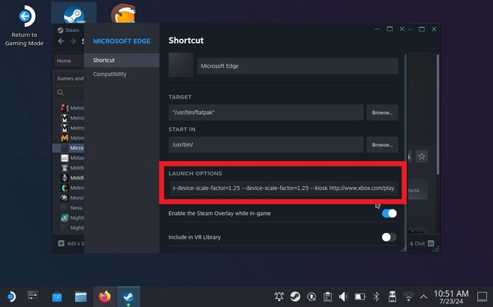Paso 8 sobre cómo jugar juegos de Game Pass en Steam Deck: al final del texto que ya está dentro del campo Opciones de inicio, agregue un espacio, luego --window-size=1024,640 --force-device-scale-factor =1,25 --device-scale-factor=1,25 --kiosco https://www.xbox.com/play.  Cierre la ventana Propiedades después.