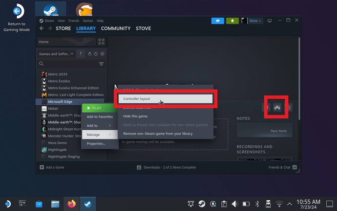 Paso 9 sobre cómo jugar juegos de Game Pass en Steam Deck: abra la Configuración del controlador de Steam para Microsoft Edge.