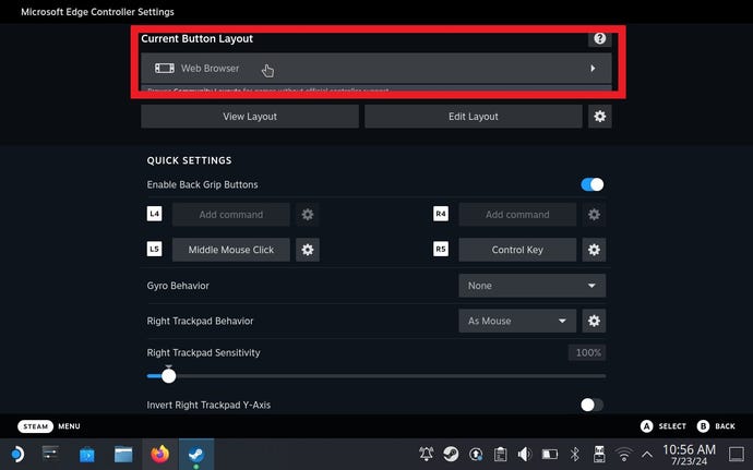 Paso 9b de cómo jugar juegos de Game Pass en Steam Deck: haga clic en la sección Diseño de botones actual, que actualmente debería estar configurada en Navegador web.