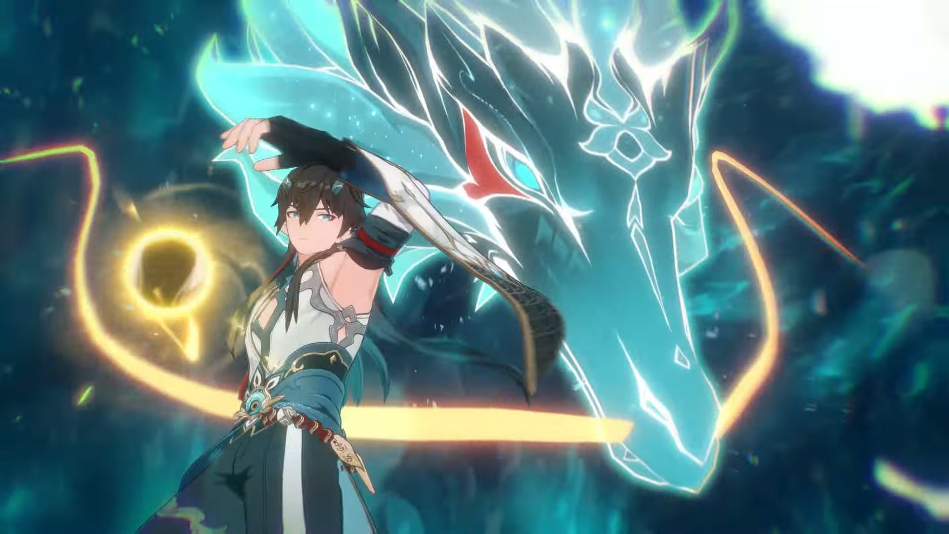 Imbibitor lunae charging a yellow sphere in the air with a green dragon to his right.