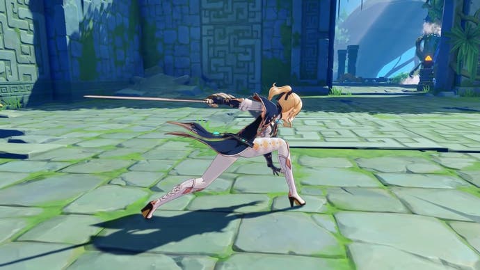 Jean lunging forward with her sword behind her as part of her character trailer in Genshin Impact.