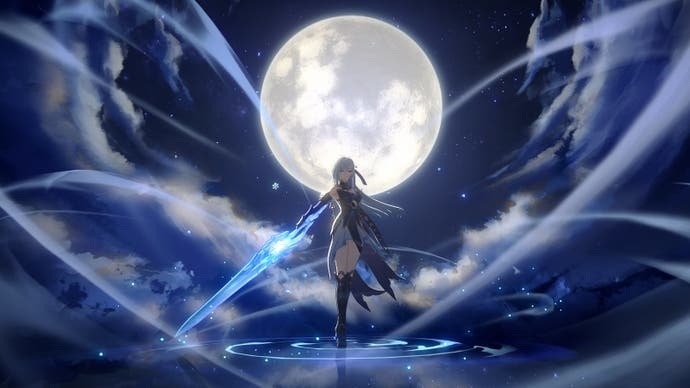 promotional artwork of jingliu standing with a sword on a surface sending blue ripples out in what looks like space with a full moon behind her and lines resembling wind all over