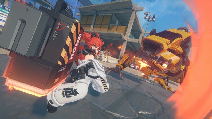 Koleda attacking a huge machine in Zenless Zone Zero.