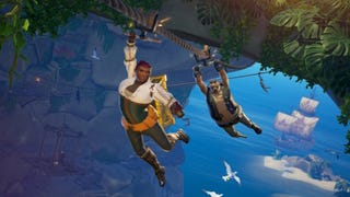 A female and male pirate ziplining down a rope high up in Sea of Thieves.