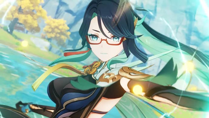 Xianyun using an Anemo attack while jumping.