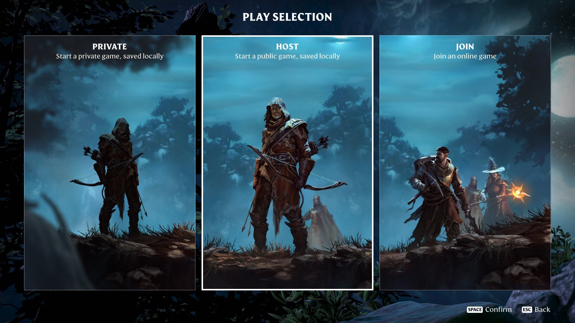 The &lsquo;Play&rsquo; menu of Enshrouded showing the options to play privately, host a local multiplayer save game, or join a multiplayer game.