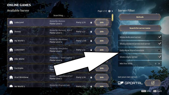 An arrow pointing to the option of selecting friend' worlds only in the join multiplayer game menu in Enshrouded.