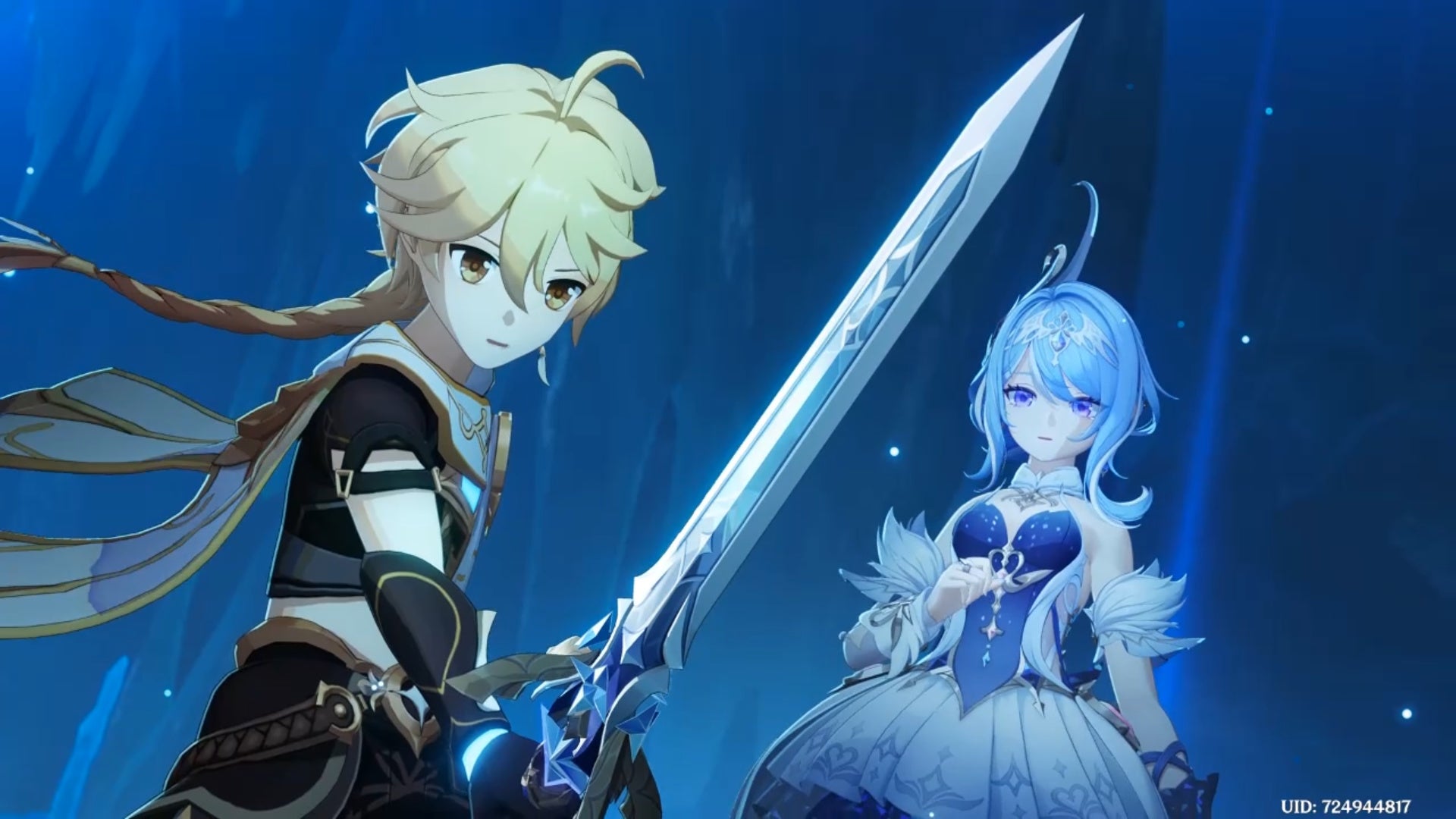 Viajante Cryo segurando uma espada ao lado de Odette em Genshin Impact
