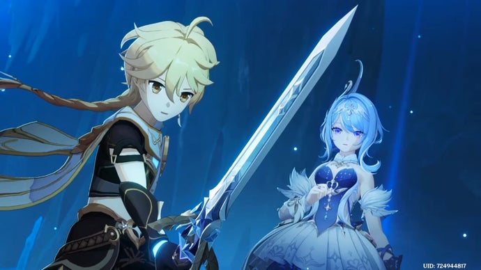Viajante Cryo segurando uma espada ao lado de Odette em Genshin Impact