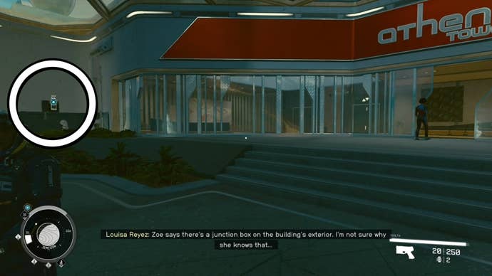 first person view of junction box outside athena tower circled