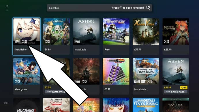 A white arrow pointing to Genshin Impact on the Xbox store page.